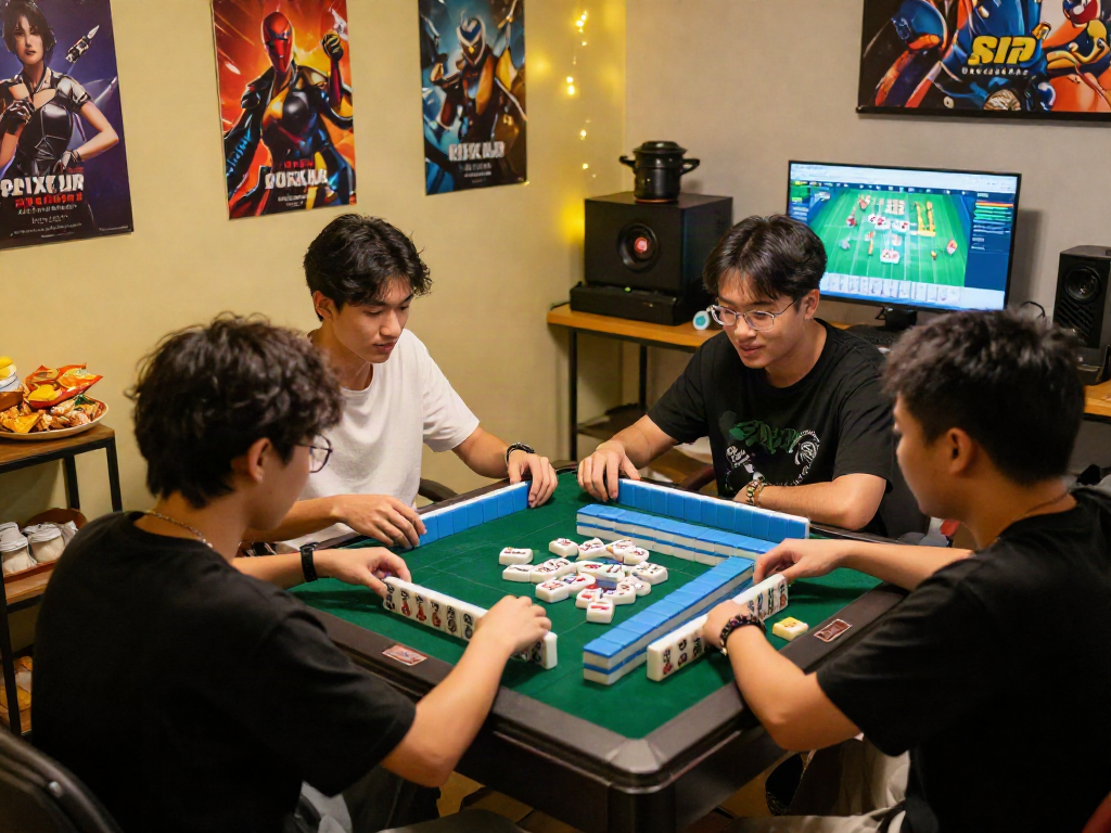 Friends enjoying a competitive Mahjong game in a cozy setting at the MahjongJP88 Official gaming room.