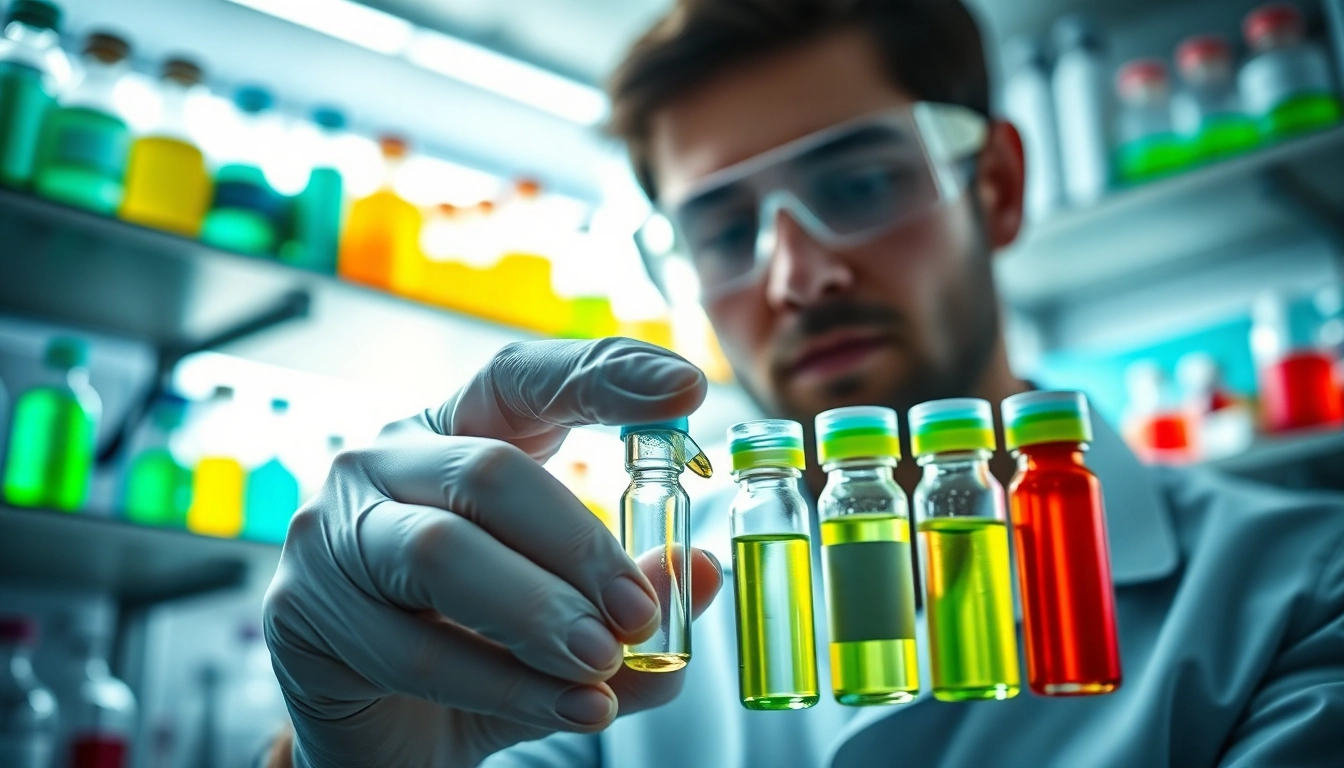 Analyze research compounds in a modern lab with vibrant vials and focused scientist.
