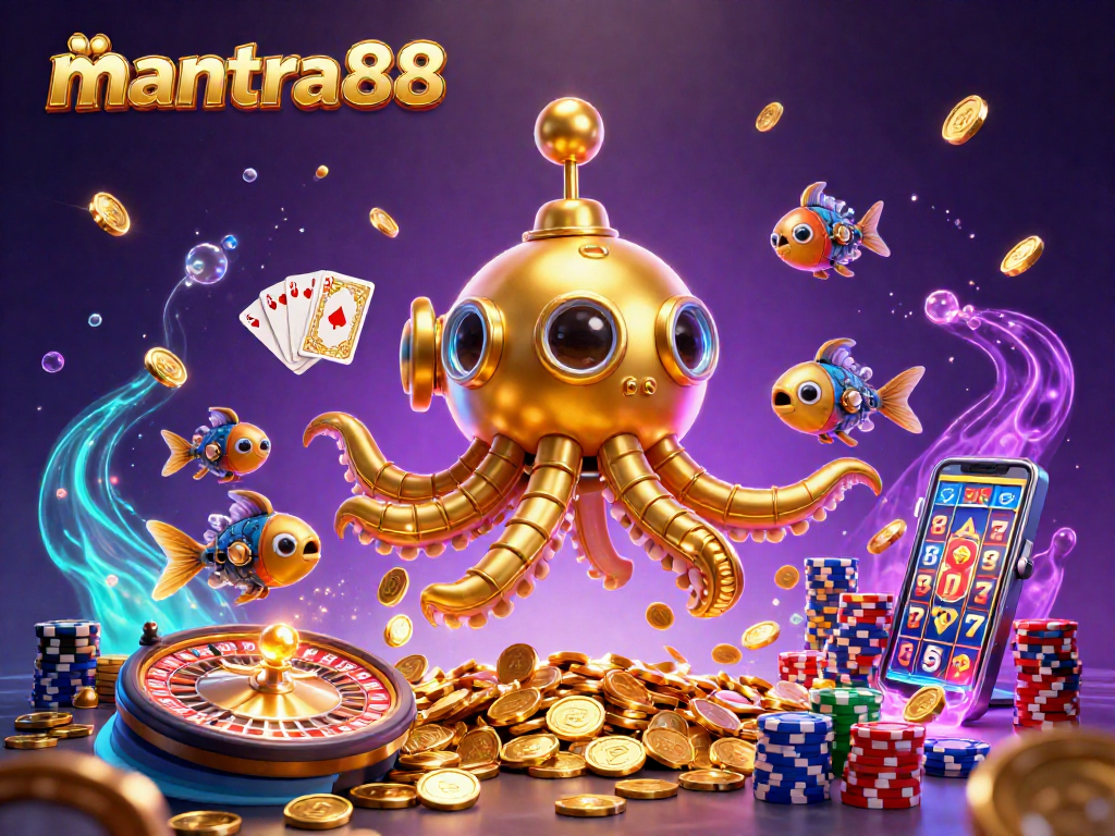 Experience mantra88's gaming thrills with golden kraken submarine amidst coins and casino elements.