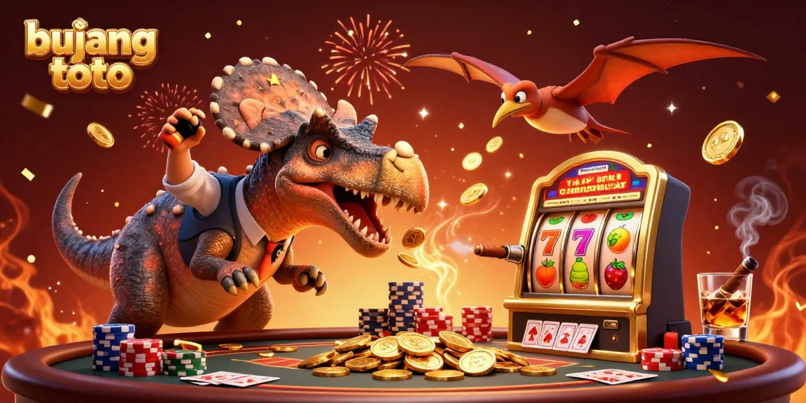 Engaging scene of bujang toto as a dinosaur headbutts a golden slot machine surrounded by vibrant casino elements.