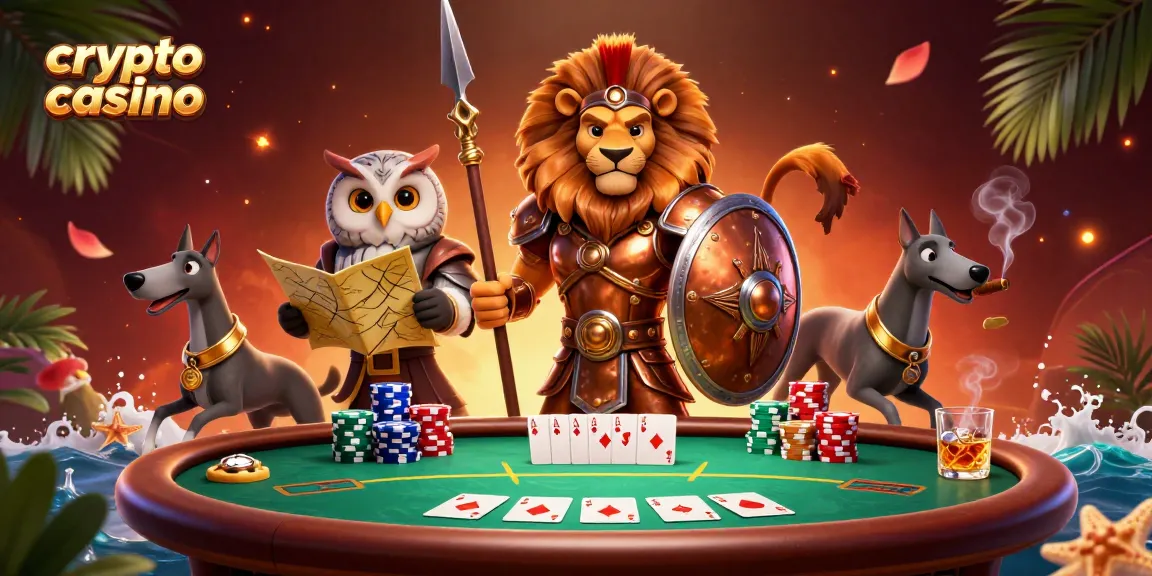 Plongez dans un casino crypto dynamique avec des personnages colorés et des éléments de jeu captivants.