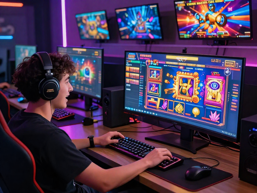 Pengalaman bermain slot gacor online yang seru dengan gamer antusias di depan layar ganda.