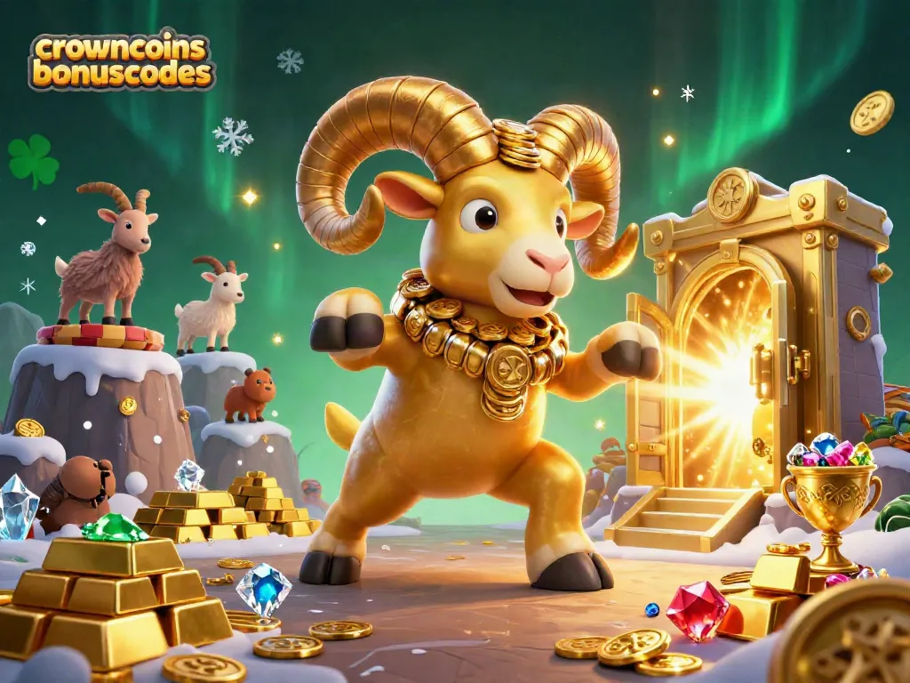 Claim bonuses with crowncoinsbonuscodes in an illustrated 3D casino scene animated with gold and treasure.