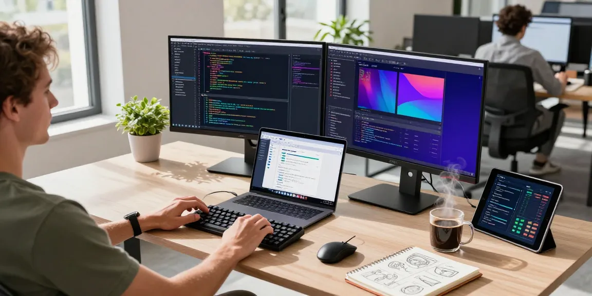 Innovative workspace with a developer coding on dual monitors, showcasing bdtjl in a modern tech environment.