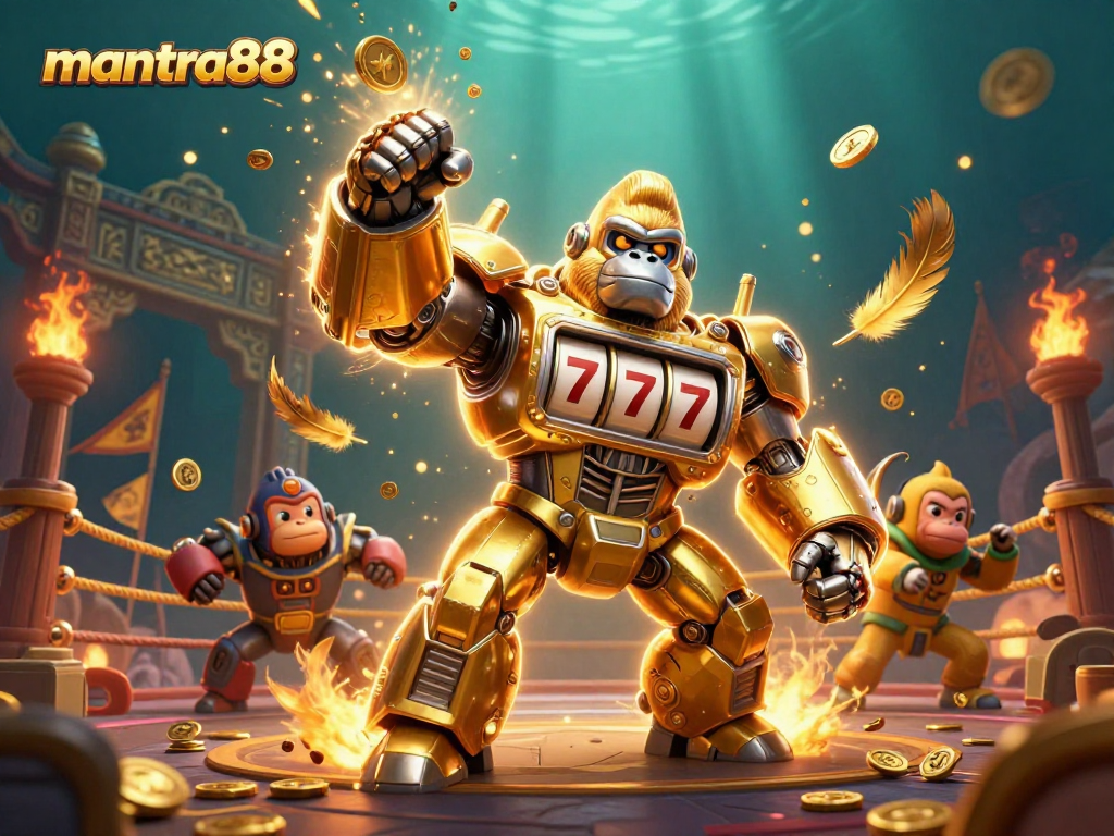 Experience thrilling action with mantra88's game-themed gorilla mech and vibrant casino elements.