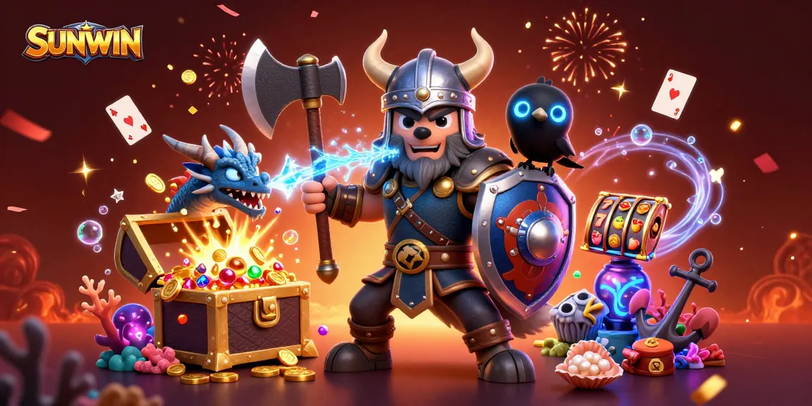 SUNWIN offers exciting gameplay with a Viking wolf warrior, dragon, and slot reels amid treasure-filled underwater scenery.
