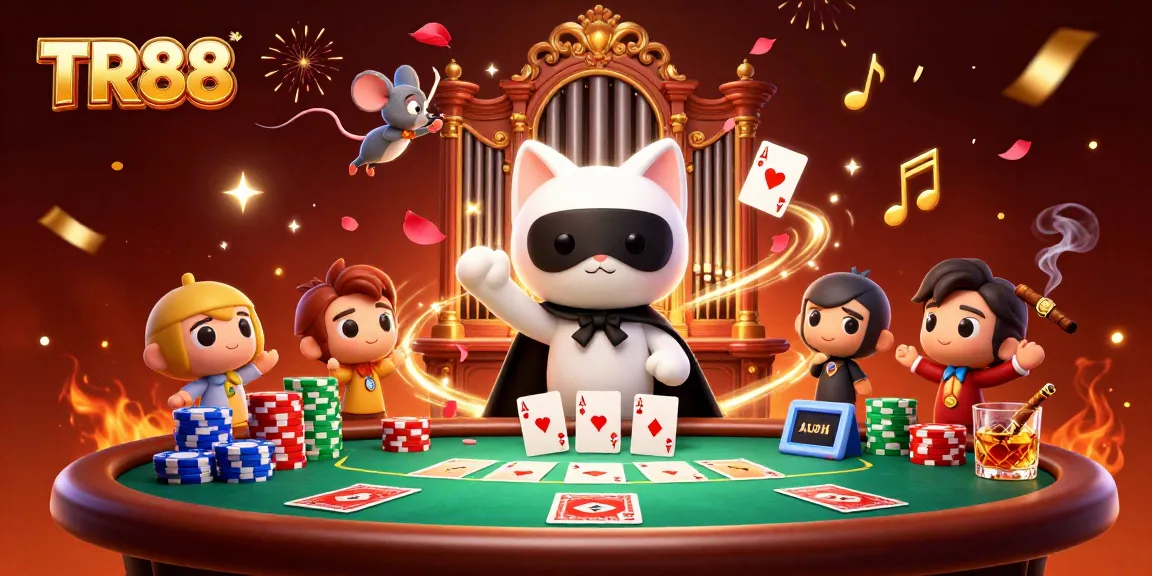 Engage with TR88's vibrant casino experience, featuring a phantom cat and a mouse acrobat.