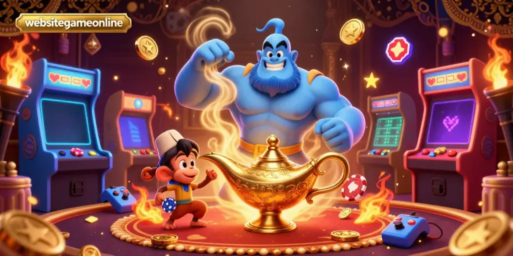 Engage with the magic of websitegameonline as a blue genie emerges from a lamp amidst vibrant gambling visuals.