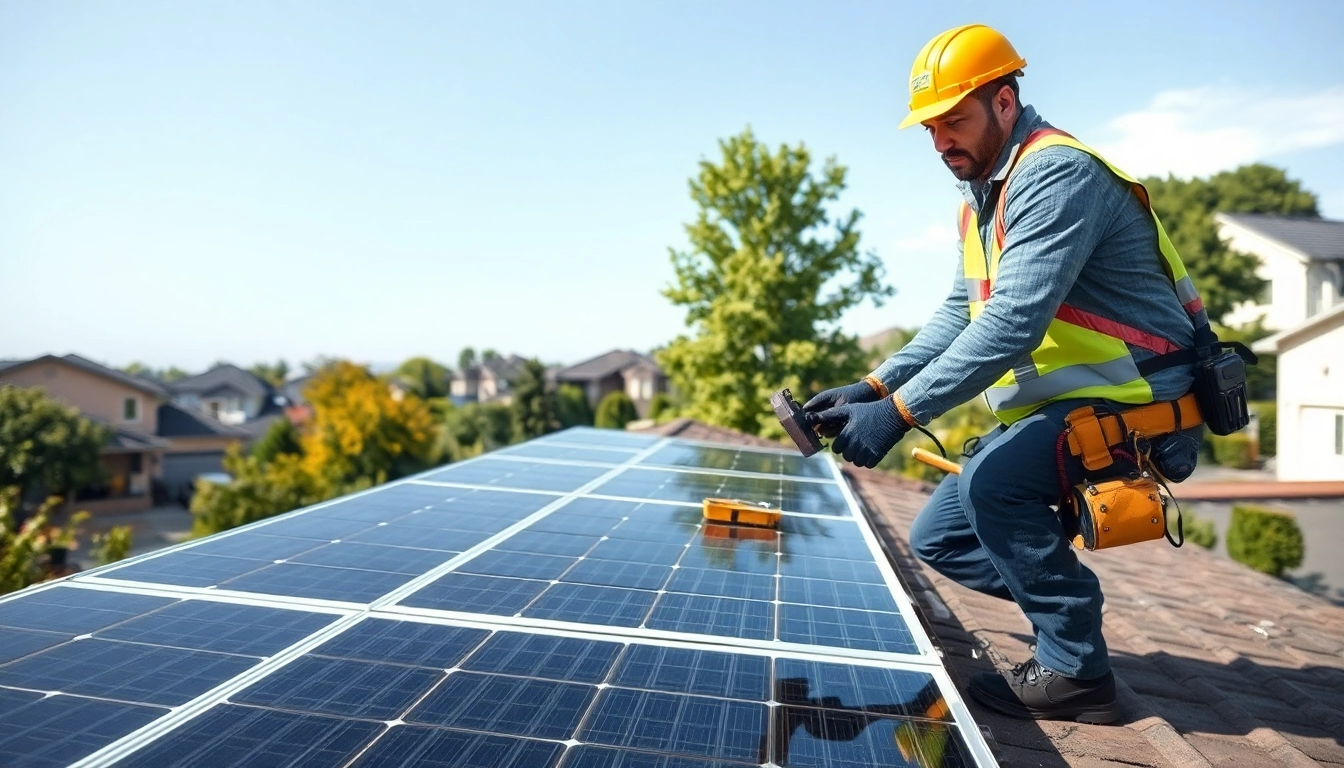 Technician providing solar panel repair near me services on a rooftop.