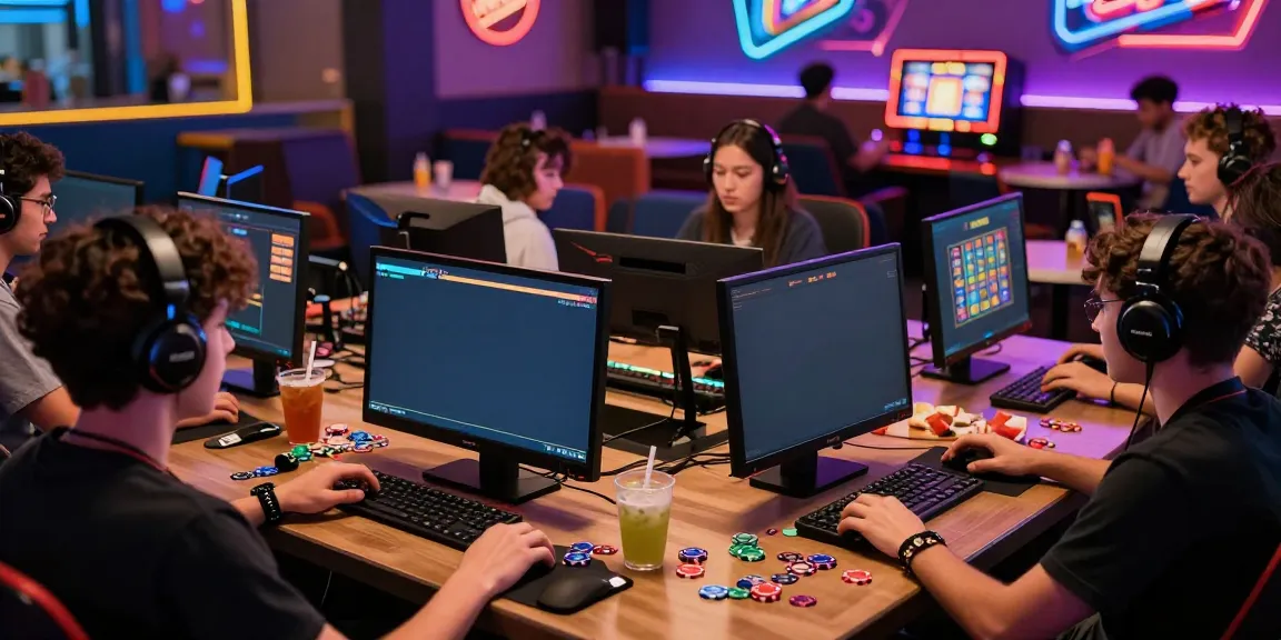 Players enjoying a lively slot gacor game in a neon-lit gaming lounge.