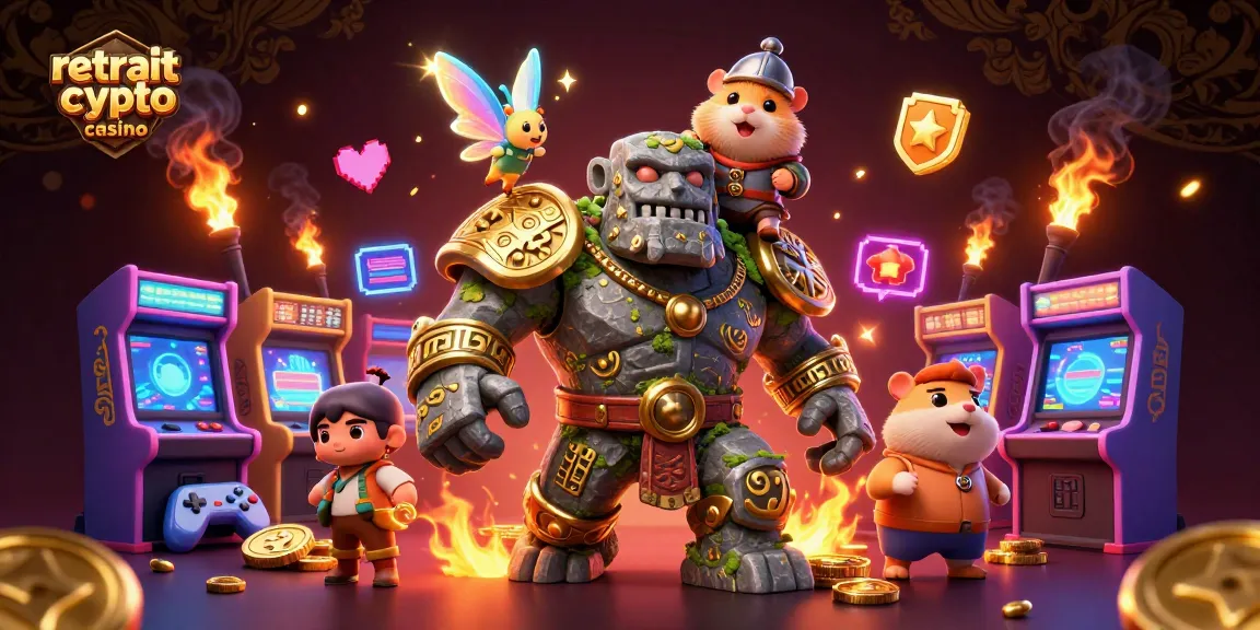 Retrait crypto casino : Golem et chevalier dans un univers de machines de jeu colorées.