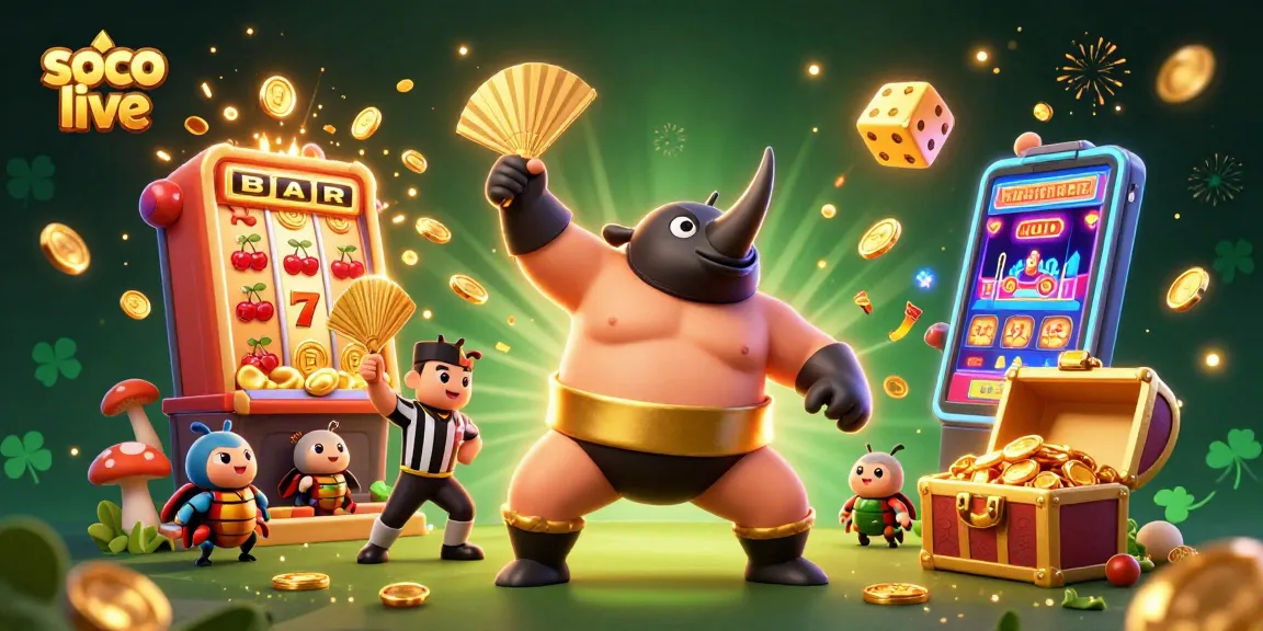 Join the excitement with soco live at a bustling casino scene featuring a sumo beetle champion and dynamic game elements.