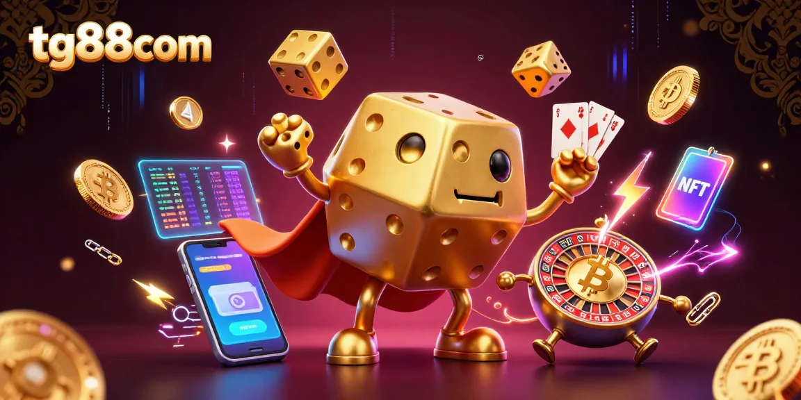 Tg88com showcases an exciting casino scene with a golden dice golem juggling and crypto coins illuminating the action.