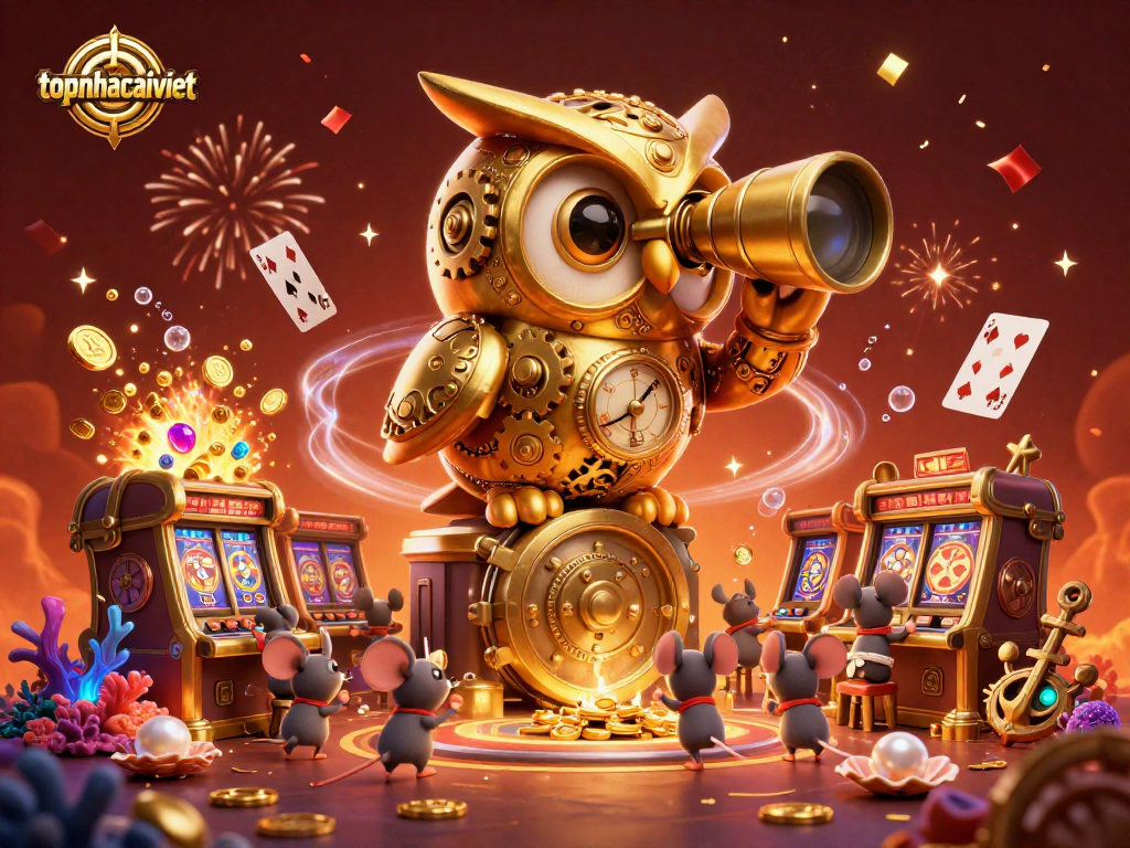 Engage with topnhacaiviet’s vibrant casino world, featuring a whimsical 3D owl and festive elements.