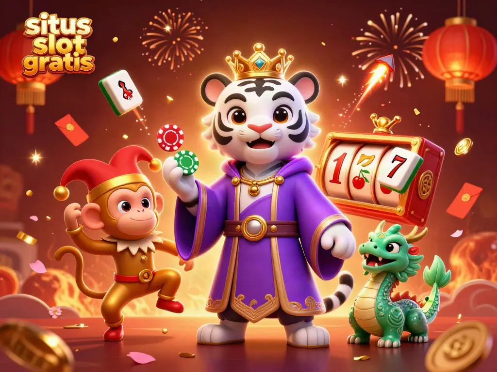 Engage with situs slot gratis featuring a majestic white tiger, golden monkey, and jade dragon in a lively casino scene.