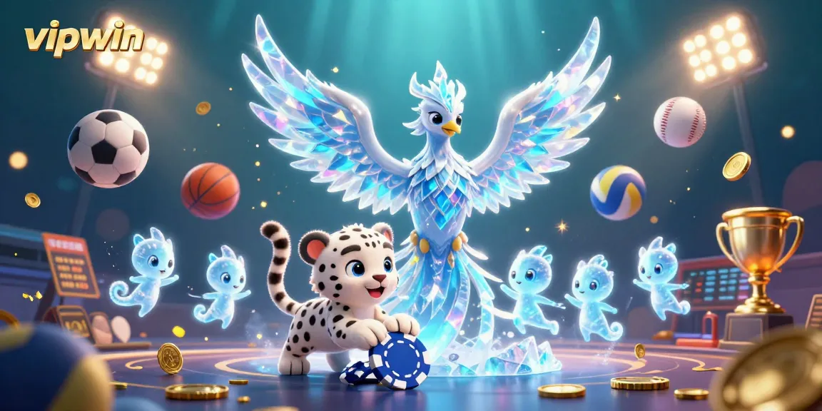 Bet on victory with vipwin's vibrant 3D illustration showcasing an ice phoenix and dynamic sports elements.