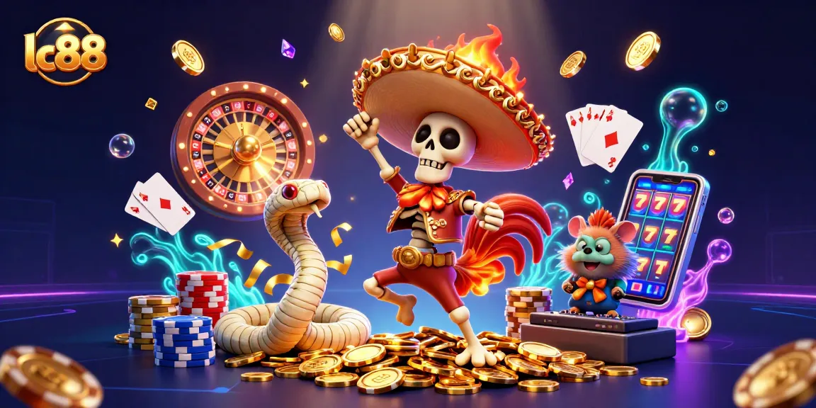 lc88 highlights a vibrant casino scene with characters amidst golden coins and dynamic gaming elements.