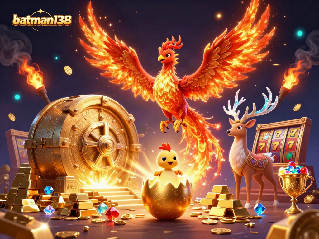 Experience winning with batman138's fiery phoenix emblem surrounded by rich casino treasures.