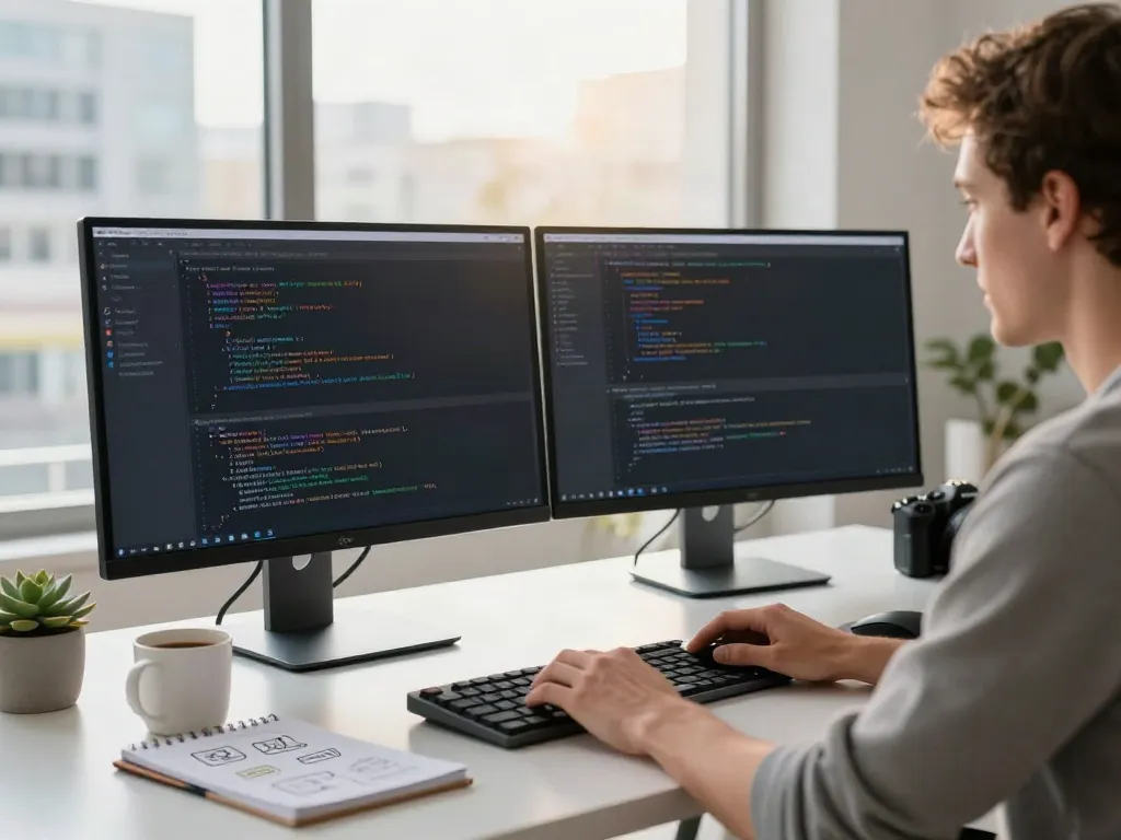 Brave浏览器 in a modern workspace featuring a coder engaged in programming.