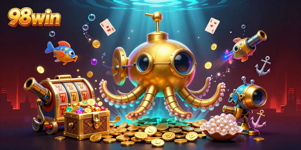 Engage with 98win's rich casino experience featuring golden kraken submarine in a colorful jackpot adventure.