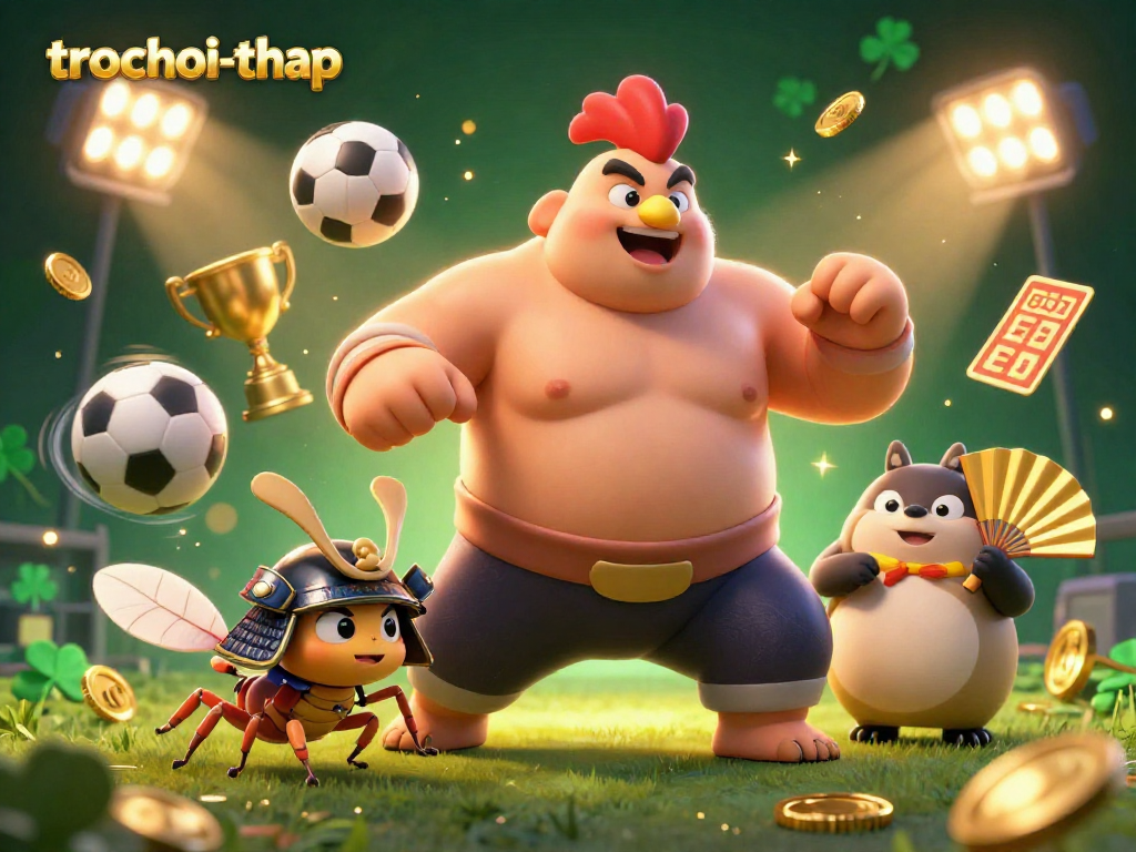 Experience the thrill of trochoi-thap with dynamic gamers, trophies, and sports elements in a vibrant scene.