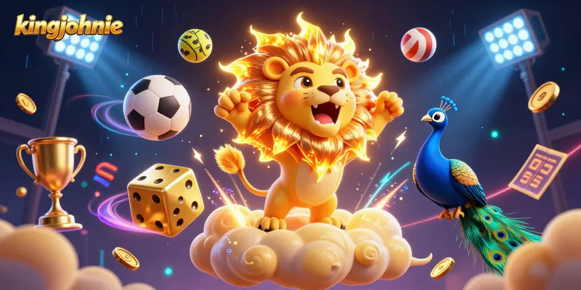 Experience the exciting wins with kingjohnnie in this vibrant 3D casino illustration featuring dynamic games and elements.