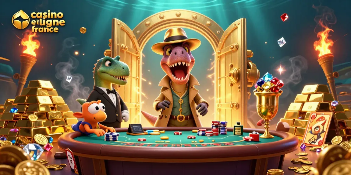 Jouez au casino en ligne France avec un velociraptor comptant les cartes à une table de blackjack.