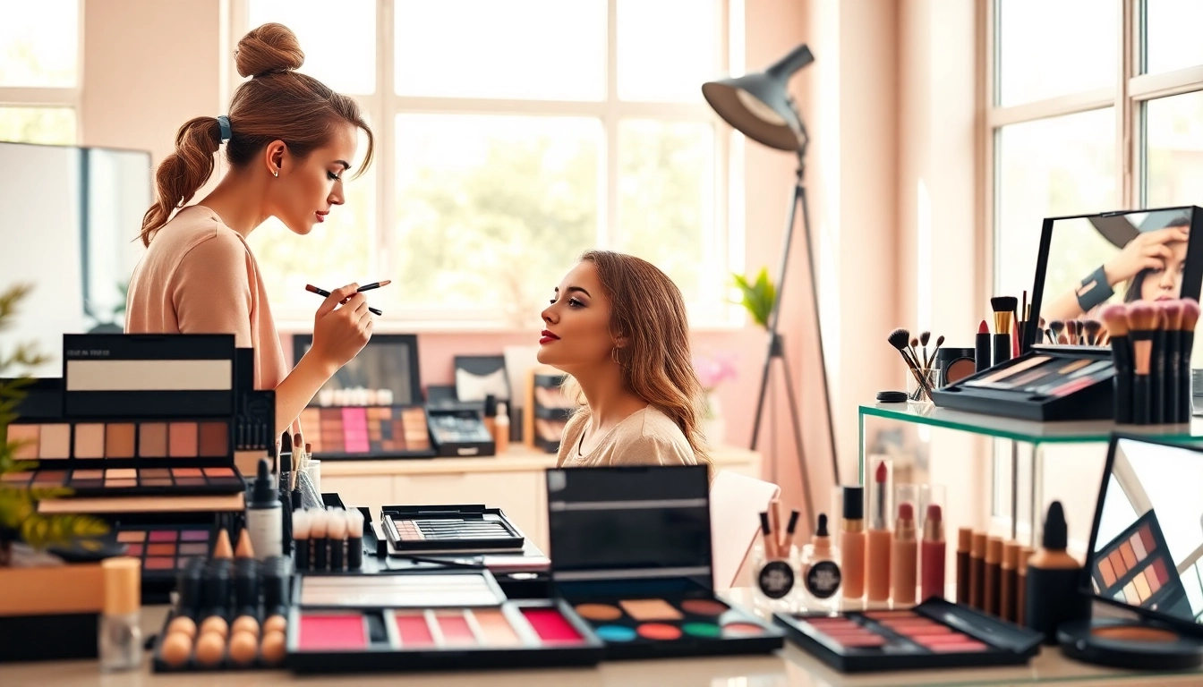 Showcase of products from wholesale makeup suppliers highlighted in a professional makeup studio.