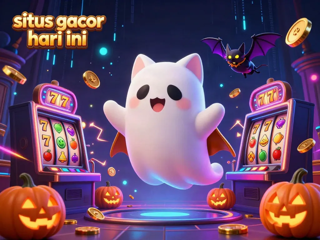 Menyimak situs gacor hari ini dengan kucing hantu dan simbol jackpot yang bercahaya dalam kasino yang menakutkan.