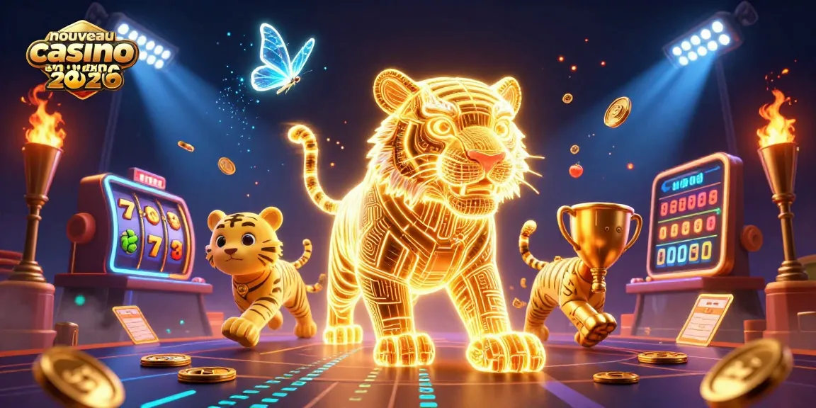 Découvrez le nouveau casino en ligne 2026 avec un tigre doré et des rouleaux flamboyants vibrant dans un paysage digital.