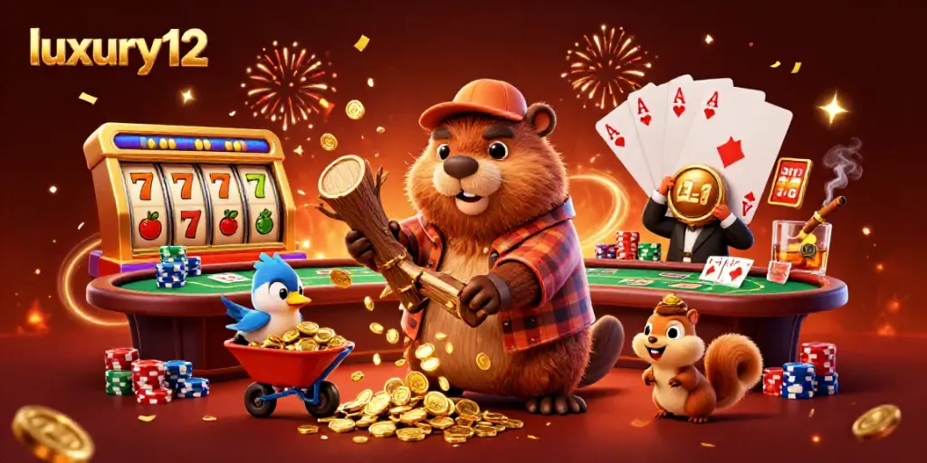 Join the fun with luxury12 as a cartoon lumberjack beaver chops a tree showering coins!
