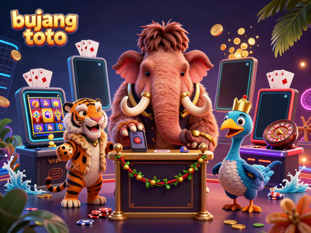 Engage with bujang toto's vibrant casino scene featuring a mammoth bouncer and vibrant gaming elements.