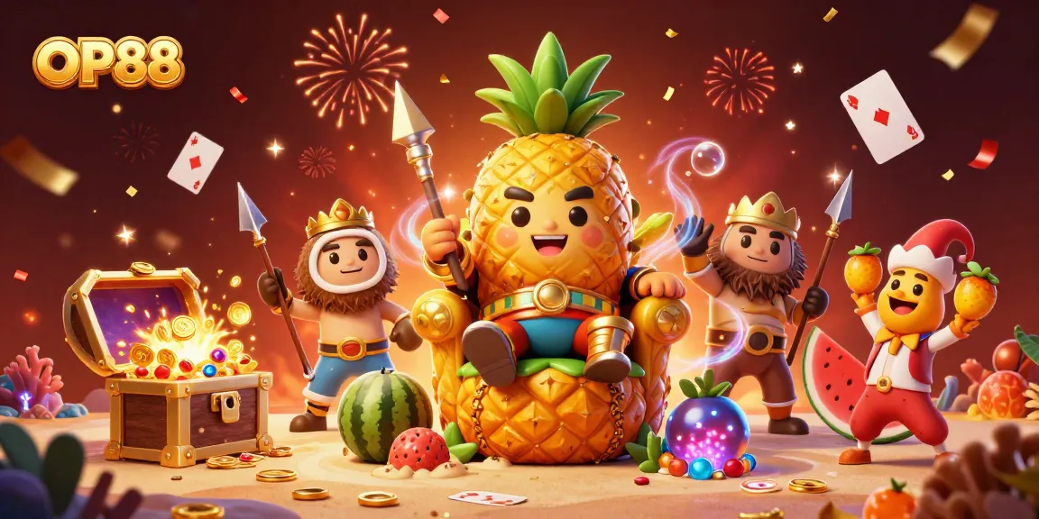 Experience the vibrant casino world of OP88 with a cartoon illustration of a pineapple king and festive elements.