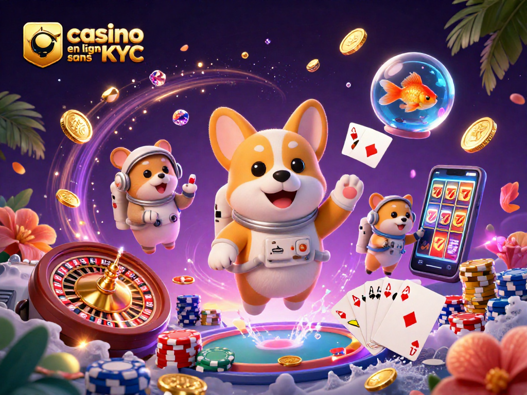 Une illustration animée avec un corgi astronaute, des jetons et un poisson flottant dans un casino en ligne sans KYC.