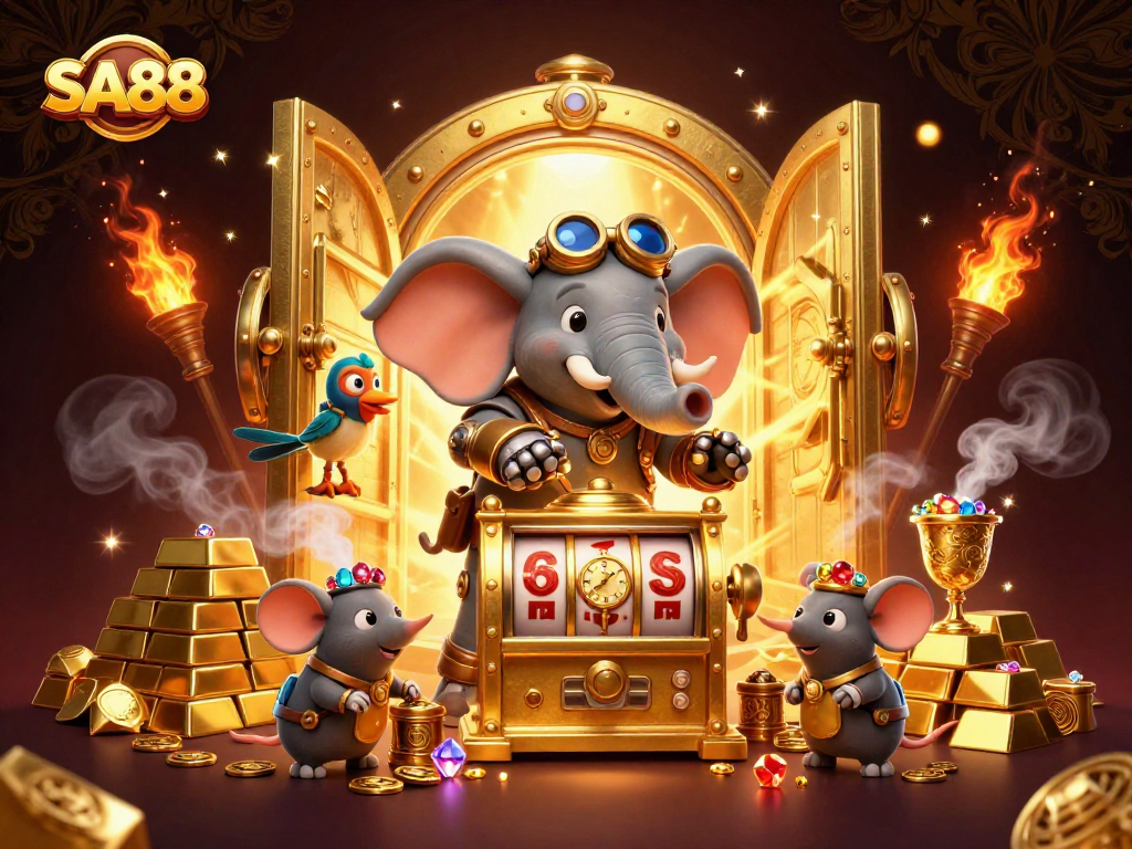 Spin the golden slot machine at SA88, surrounded by treasures and fortune in a vibrant 3D scene.