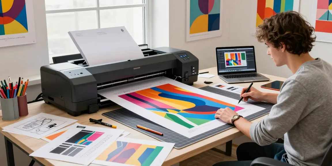 Custom poster printing process with designer creating vibrant prints in a bright studio.
