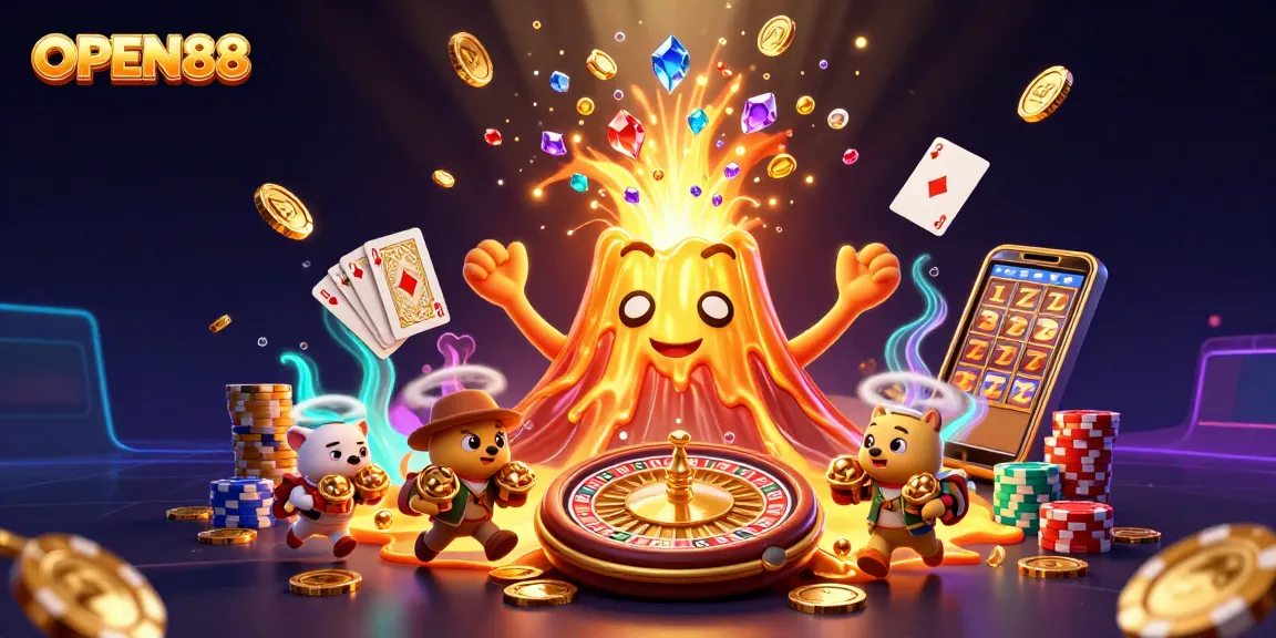 Cascade coins and gems with OPEN88 in vibrant casino scene, showcasing thrilling gaming excitement