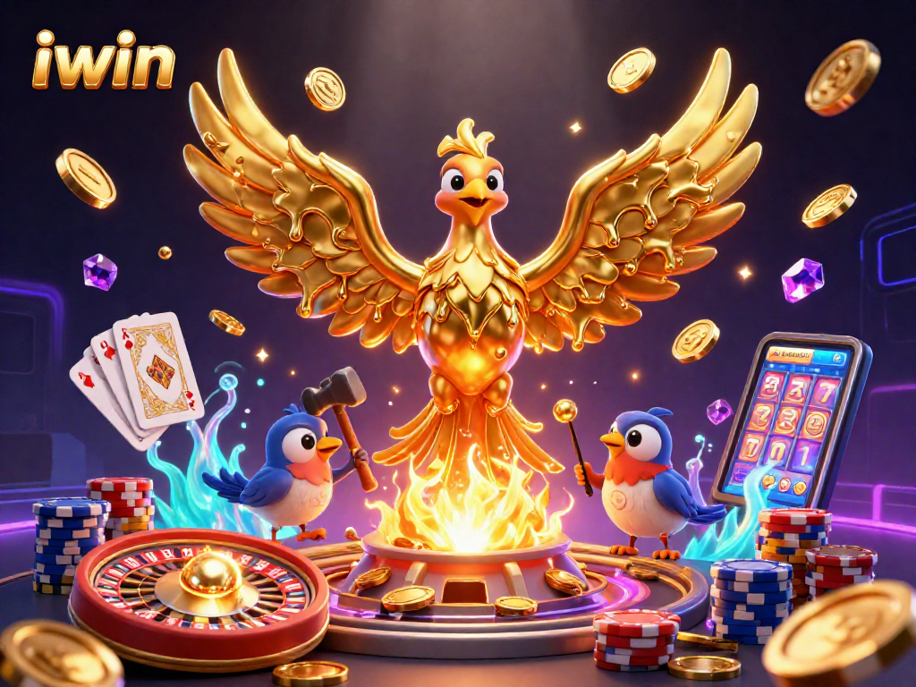 Engage in iwin's vibrant casino adventure featuring a molten gold phoenix amidst iconic gaming elements.
