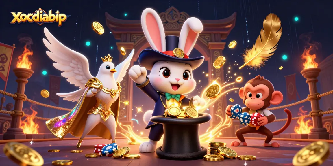 Xocdiabip showcases a magician rabbit and friends in a vibrant casino scene, pulling in big wins.