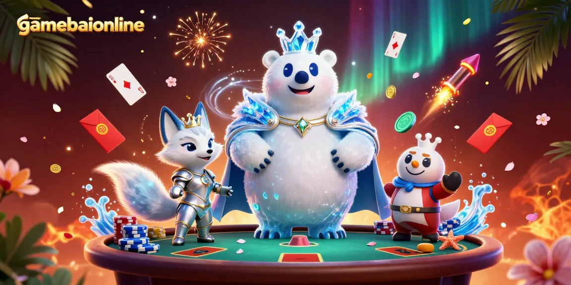 Bet on gamebaiionline as the ice king polar bear and snow fox reveal poker table excitement.