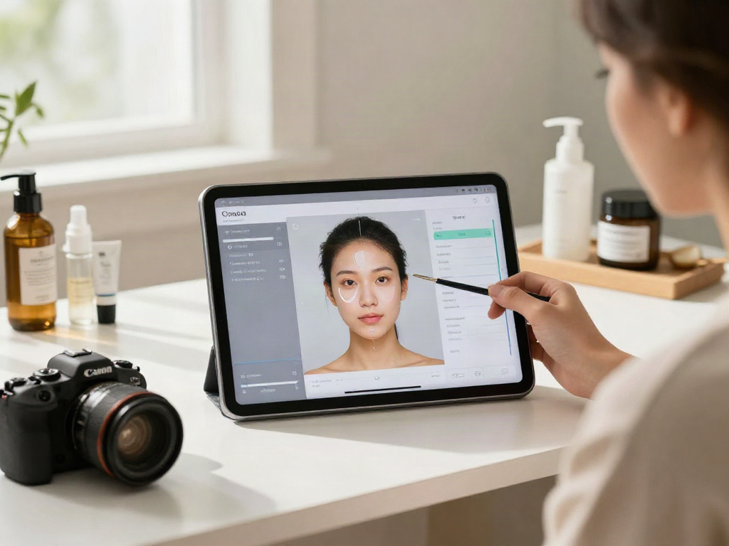Alternatives to QOVES beauty analysis with digital tablet and skincare products in a serene setting.