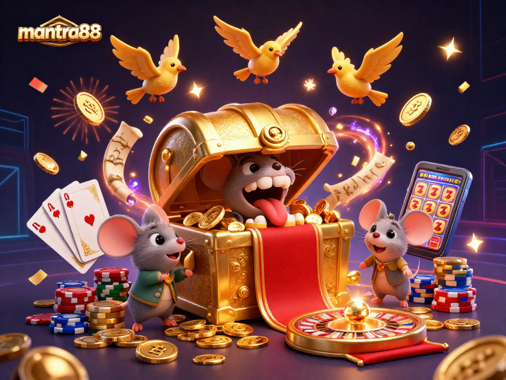 mantra88 brings winning excitement with a treasure chest and dynamic casino elements.