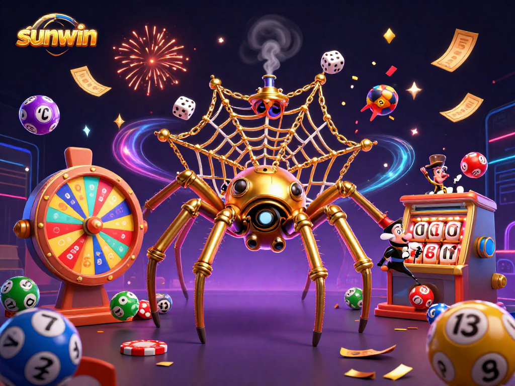 Engage with Sunwin's vibrant universe of gaming as colorful lottery balls spin, brilliantly arranged around a whimsical steampunk spider.