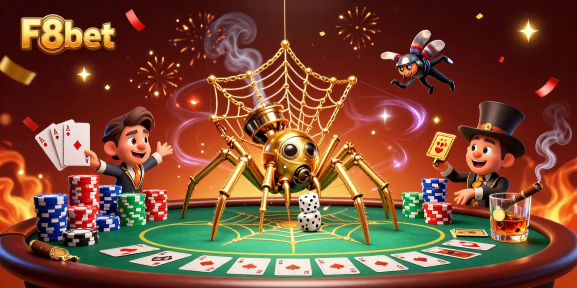 Engage with F8bet in a colorful steampunk 3D casino scene with a playful golden spider.