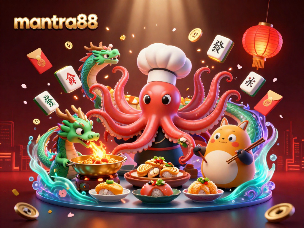 Experience the excitement of mantra88 with a vibrant cartoon scene featuring lucky golden dishes and festive decorations.