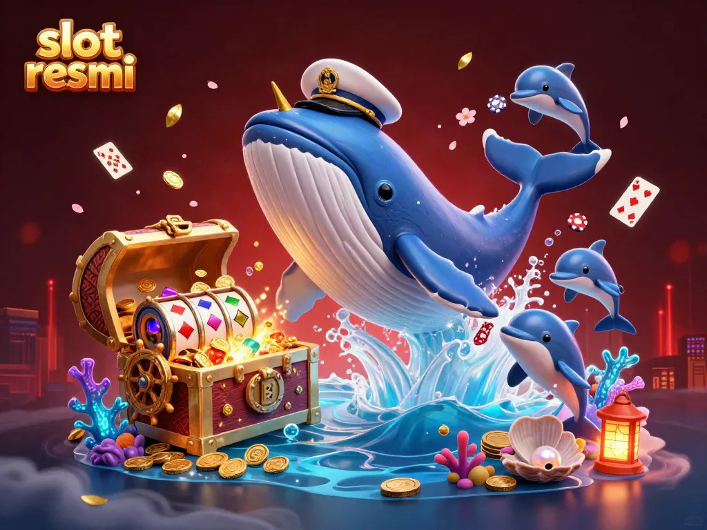 Engaging scene of a whale and narwhal with slot resmi branding, playful dolphins juggled poker chips, underwater treasures.