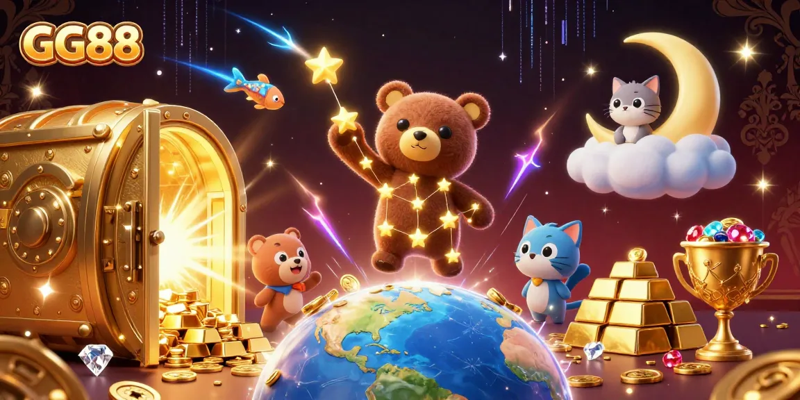 Win big with GG88 as the cosmic bear collects coins among treasure, showcasing a vibrant online casino world.