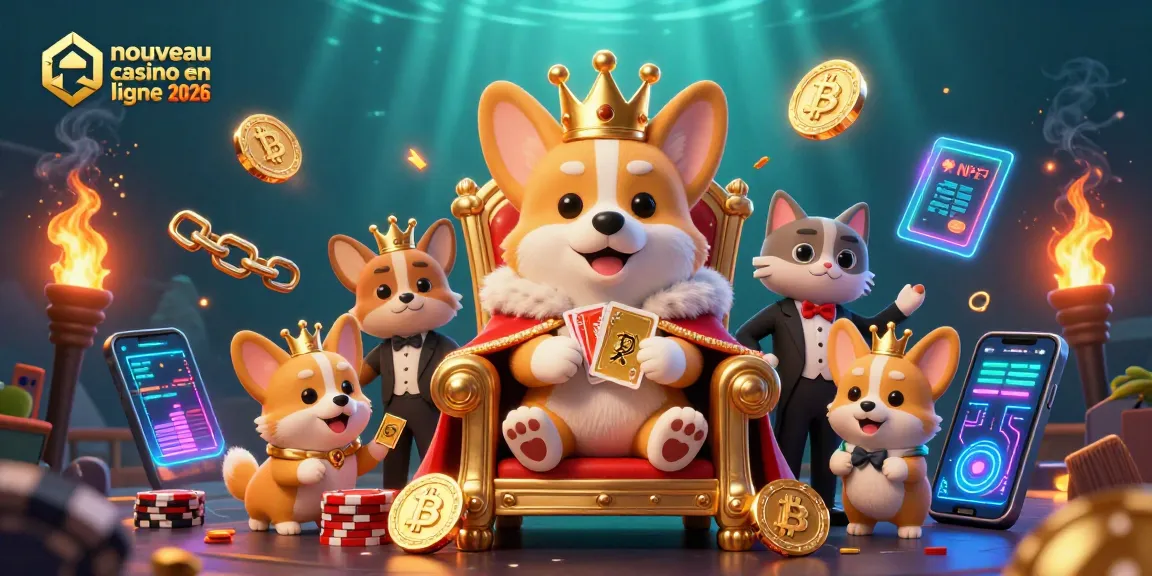 Admirez l'illustration 3D d'un nouveau casino en ligne 2026 avec un corgi royal sur son trône, entouré d'éléments de jeu.