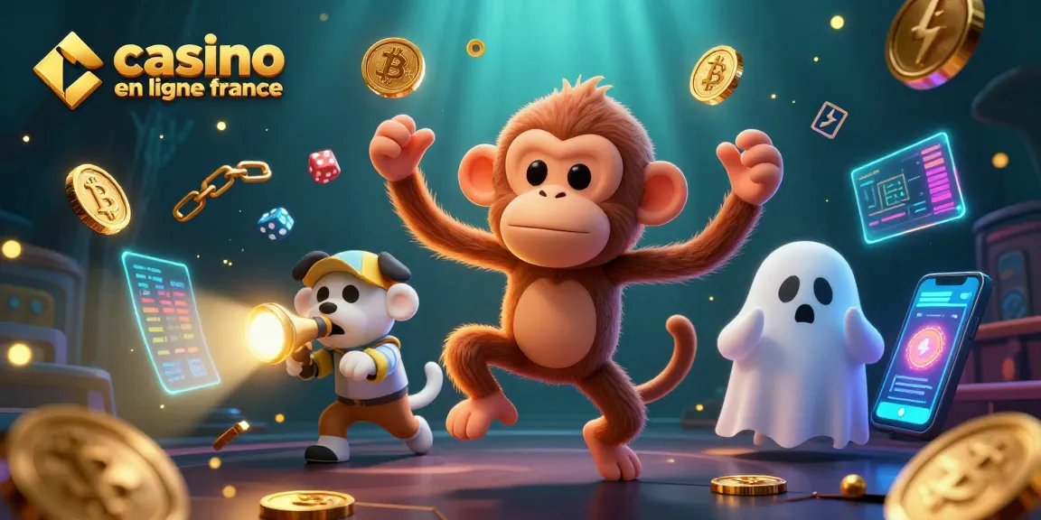 Illustration captivante de casino en ligne France avec un singe fantôme et des éléments de jeu numériques.