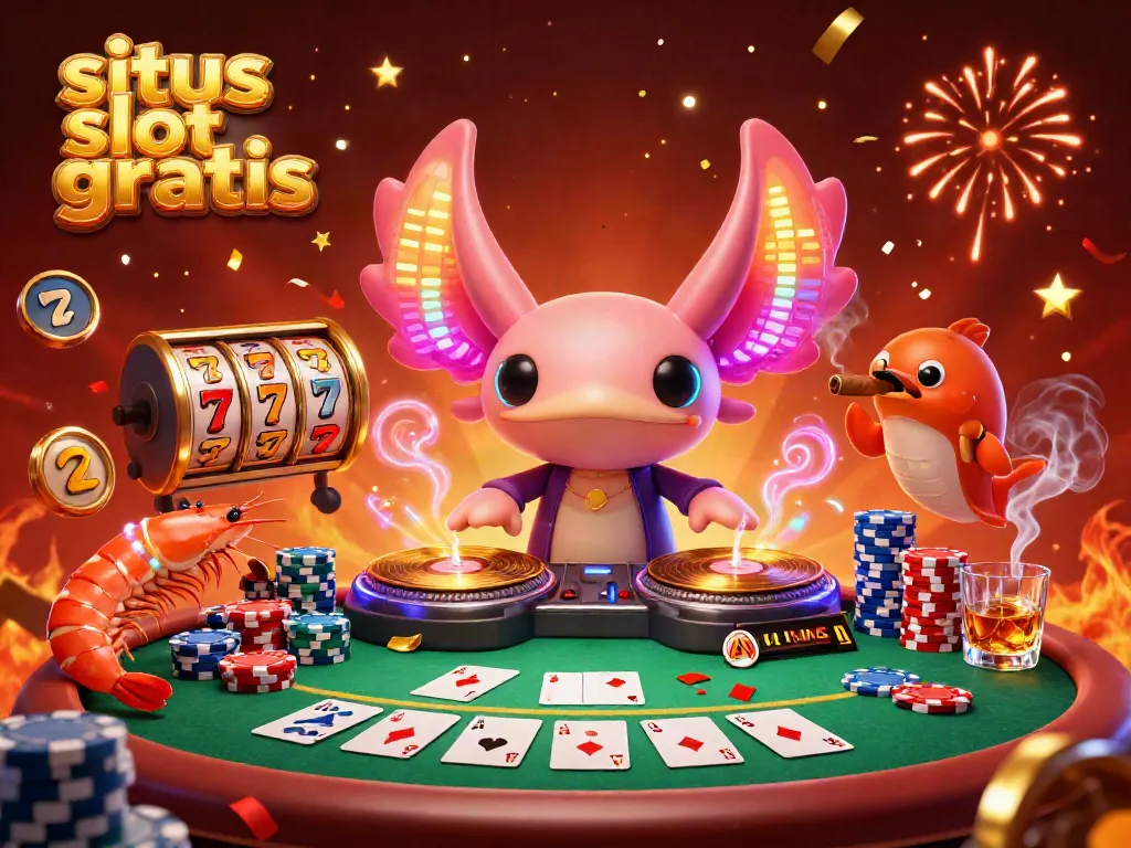Engage with situs slot gratis through vibrant 3D digital illustration showcasing playful axolotl DJ and lively sea creatures.